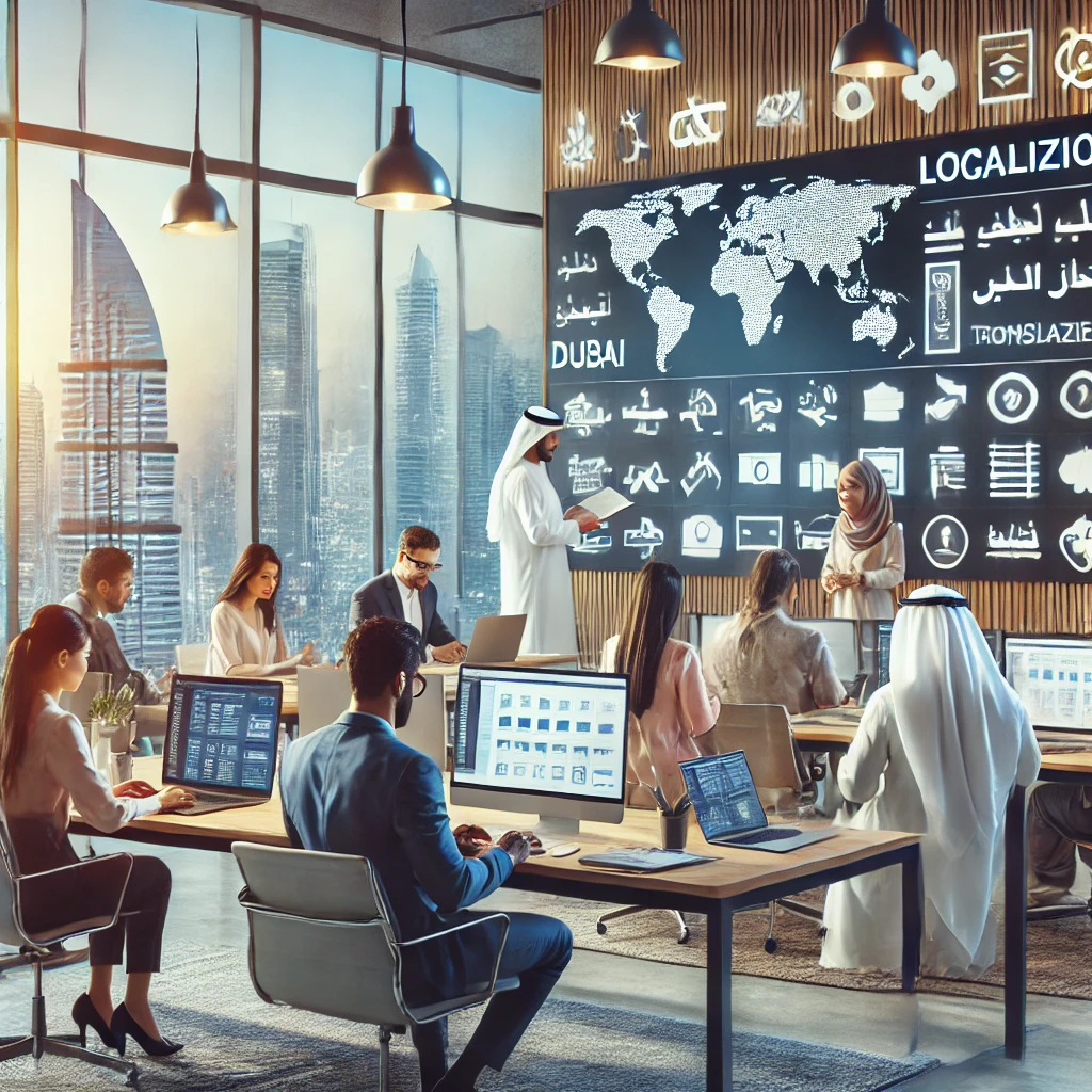 A diverse team of professionals working on localization and translation projects in a modern office setting, with city views of Dubai, emphasizing collaboration and focus.