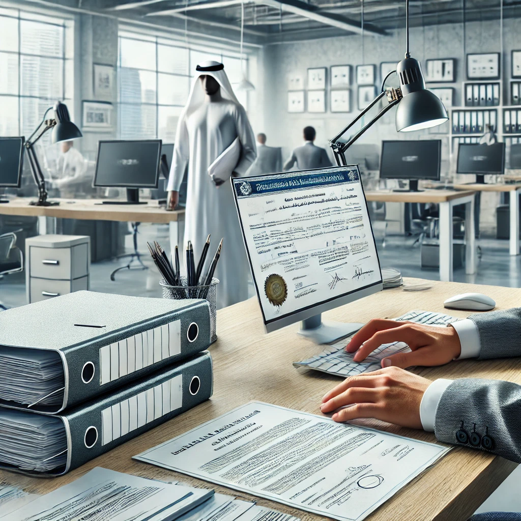 A professional translator in a modern office in Dubai, handling various legal and personal documents for attestation. The scene emphasizes a clean, efficient, and detail-oriented environment, reflecting trust and professionalism in document processing services.