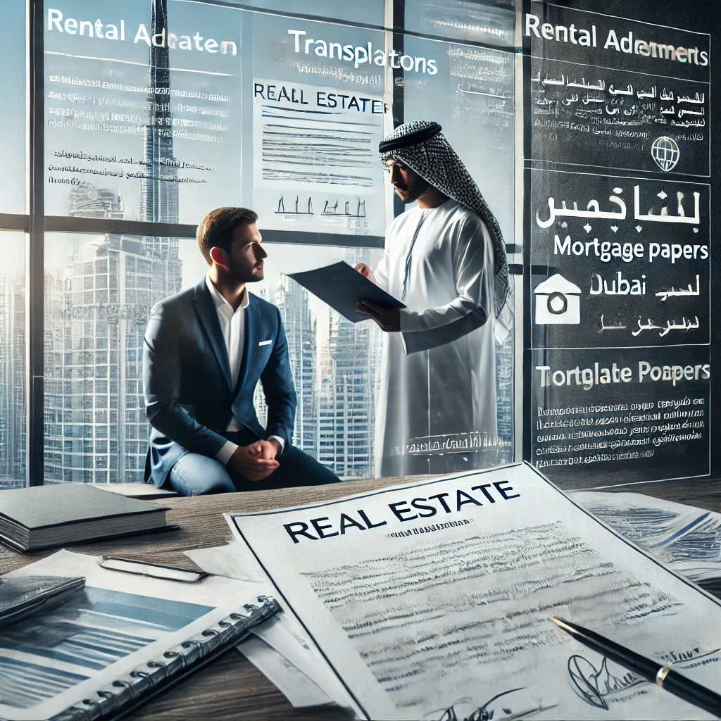 A modern office setting in Dubai featuring real estate professionals collaborating with translators, reviewing property documents, including rental agreements and contracts, for accurate and culturally relevant global transactions.