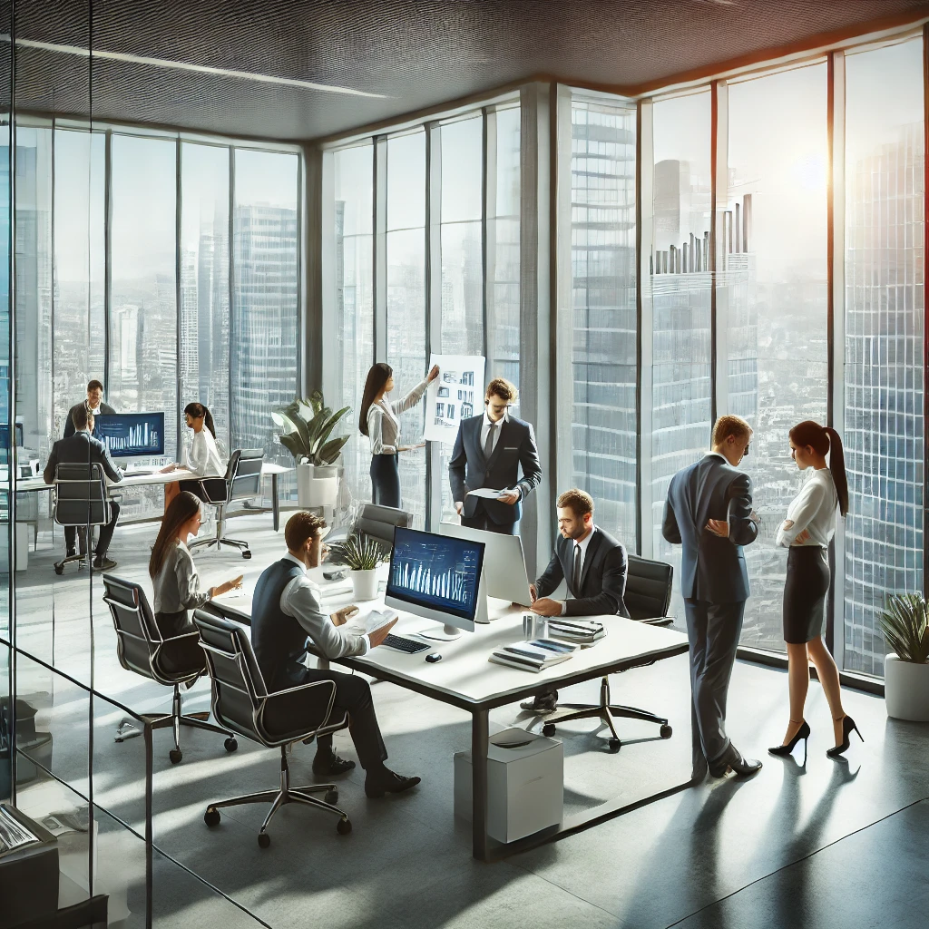 A professional office environment featuring a team of experts collaborating on translation and proofreading tasks, emphasizing accuracy and precision in multilingual document handling.