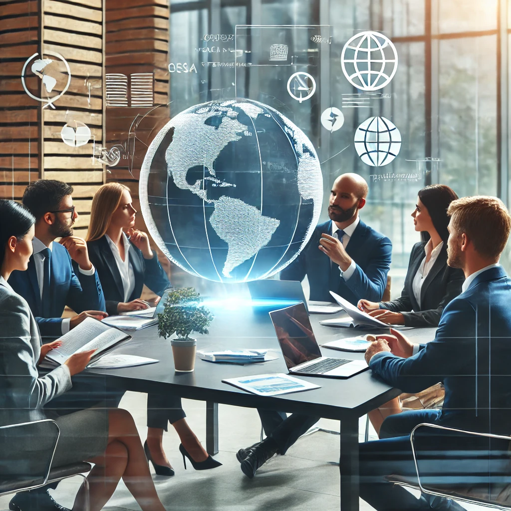 A modern office setting with a diverse team of professionals engaged in a business meeting, discussing language translation services with documents and laptops on the table, and a globe symbolizing global communication.
