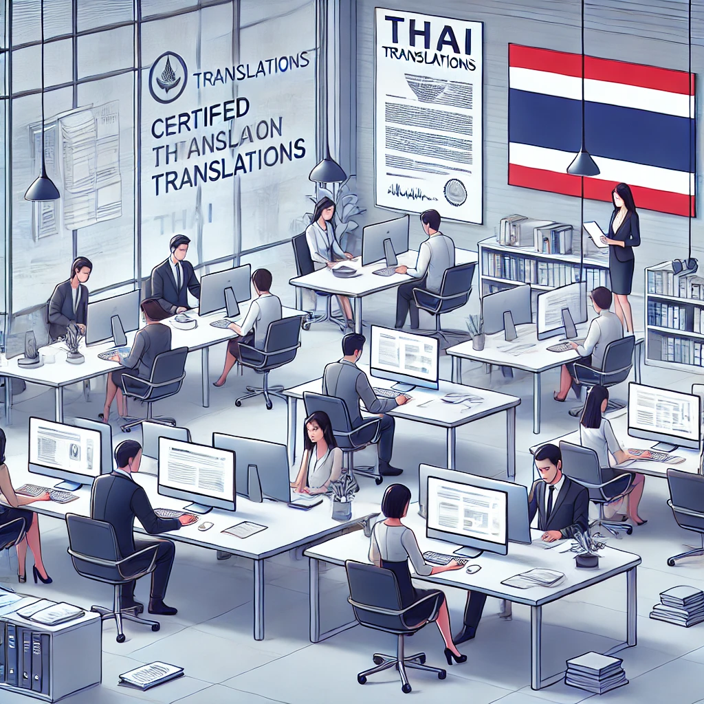 A professional team of translators working in a modern office, focusing on Thai document translation services in Dubai. The scene highlights a collaborative environment with computers and documents, representing the accuracy and certified nature of translation services offered by Al Hamd.