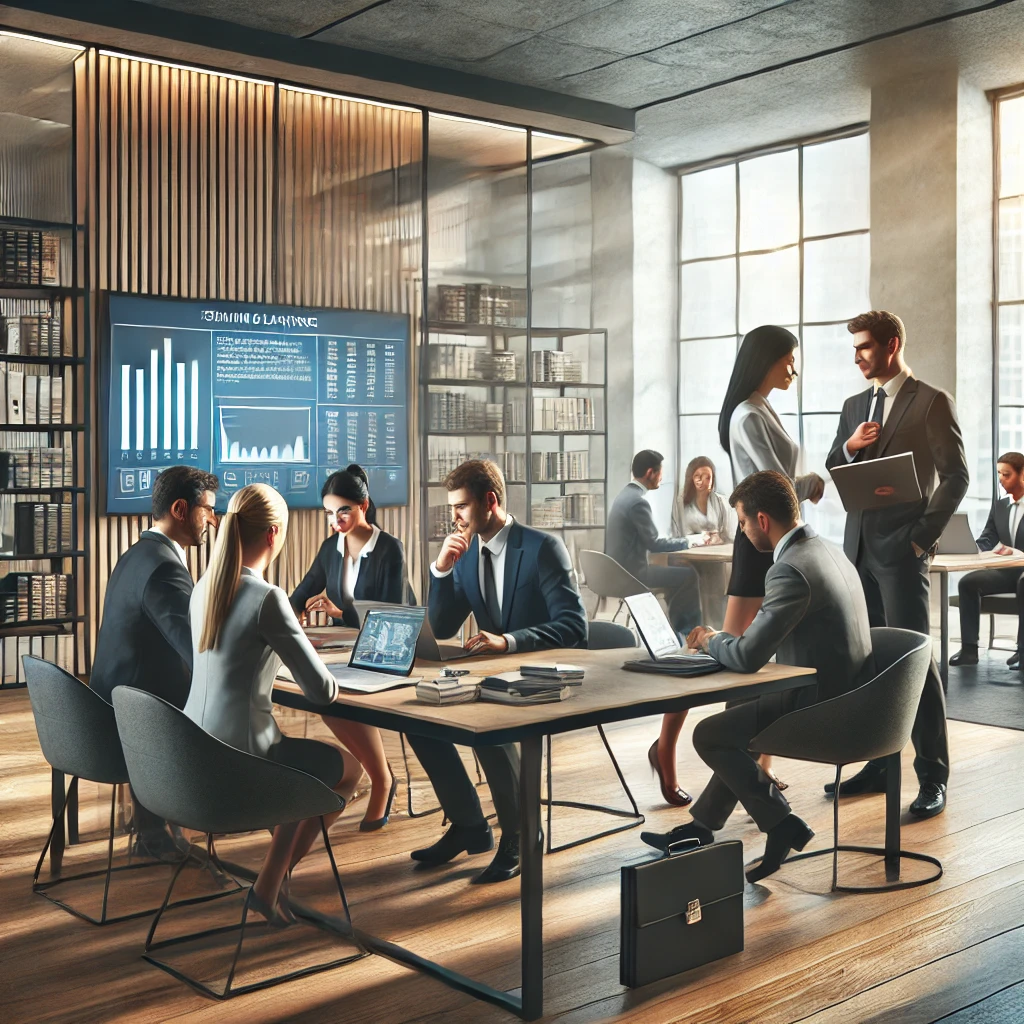 A modern office setting featuring a team of professional translators and business professionals collaborating on document translation, emphasizing focus, accuracy, and confidentiality in a bright, contemporary environment.