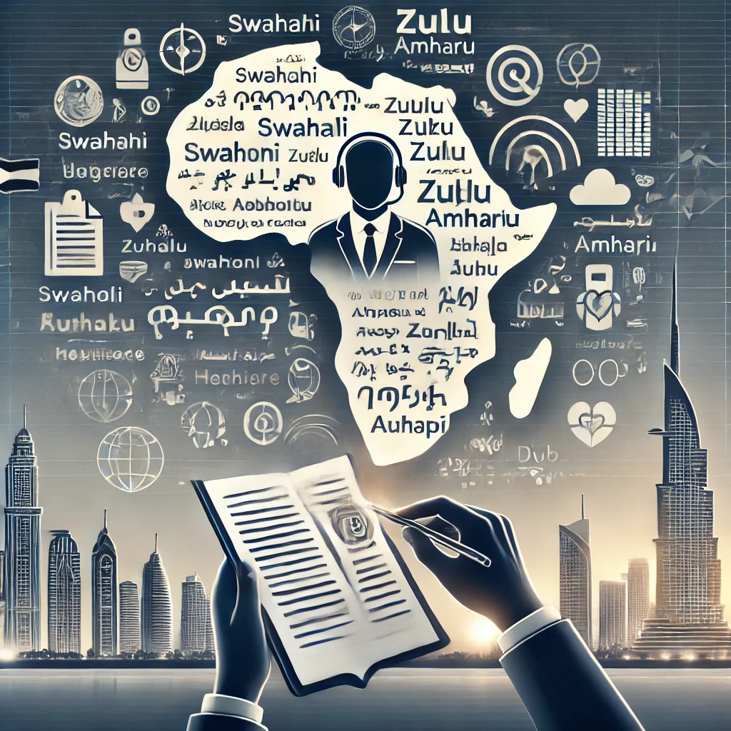 A modern, professional illustration representing African language translation services, featuring a translator with African languages, business and healthcare symbols, and Dubai's skyline in the background.