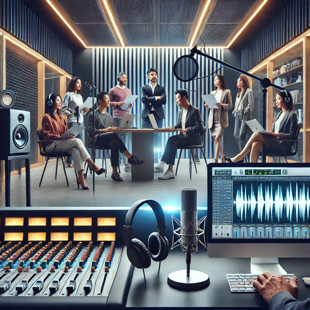 A modern recording studio with a diverse team of professionals collaborating on creating a multilingual podcast, equipped with microphones, a mixing console, and soundproof walls, showcasing cultural inclusivity and teamwork in podcast production.