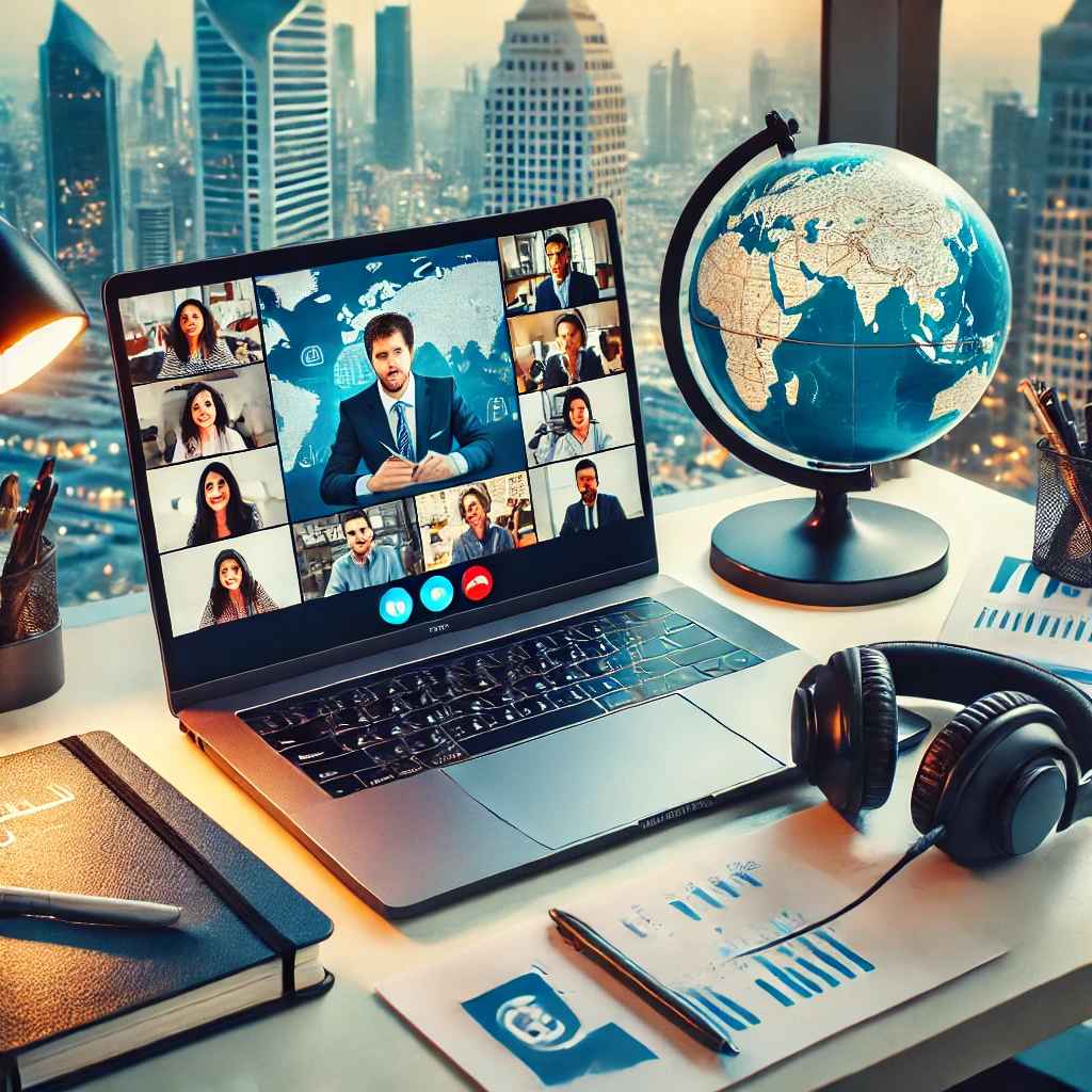 Modern video interpreting setup in Dubai with a professional interpreter on a video call. The scene features a laptop showing a video conference with participants from different backgrounds, symbolizing global communication. A world map on a screen in the background highlights international collaboration, while headphones, a microphone, and notebooks on the desk emphasize precision and professionalism. The setting reflects seamless communication, focusing on healthcare, legal, and business interpreting services.