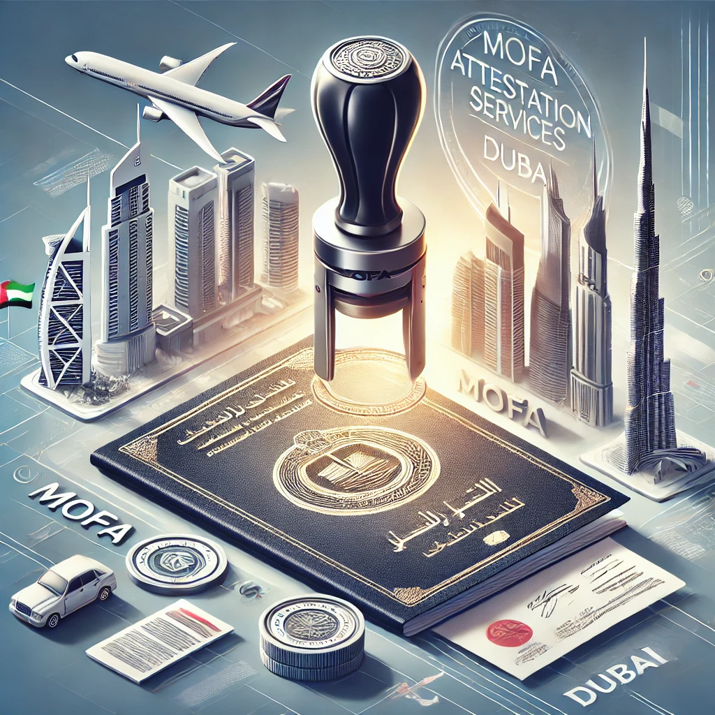 A professional illustration representing certified translation for Golden Visa requirements in Dubai, featuring an official document with a certification stamp and Dubai skyline in the background, symbolizing international translation services.
