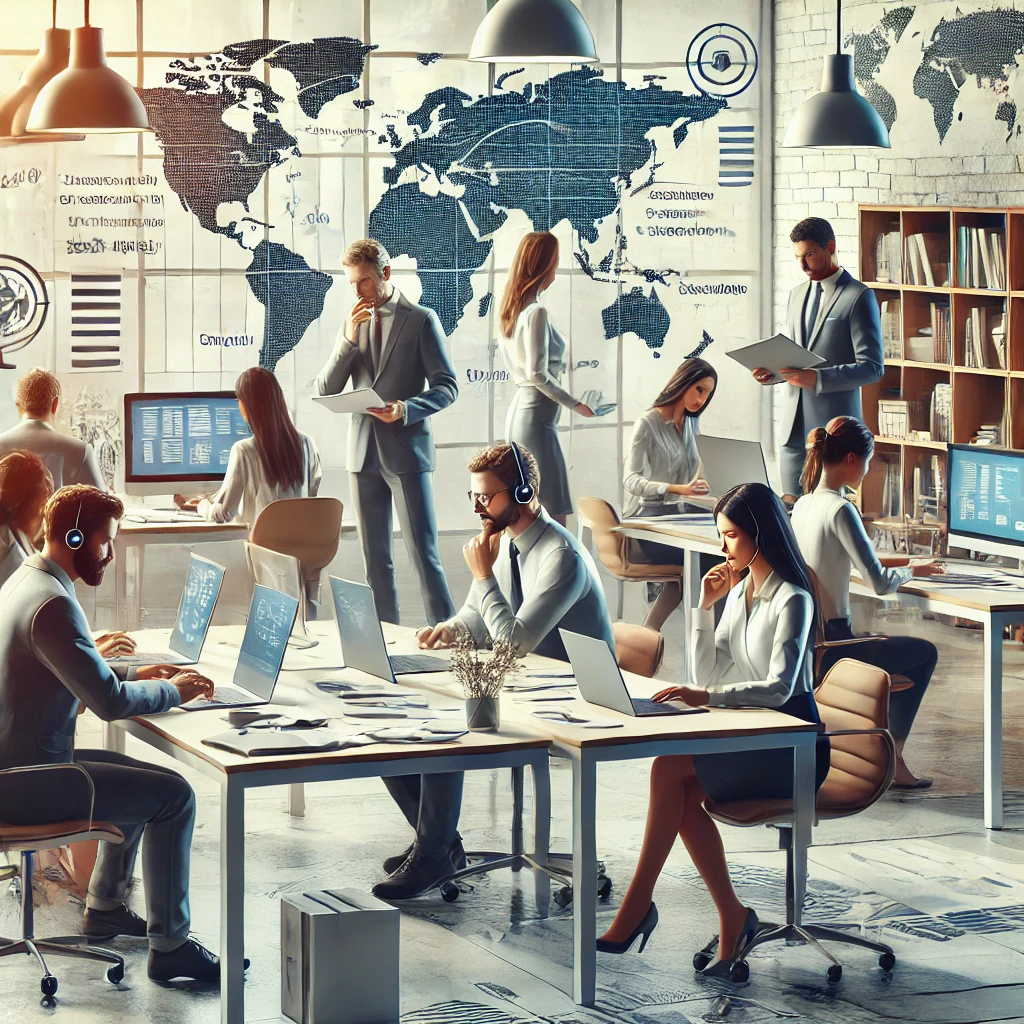 A professional team of multilingual experts in a modern office discussing and analyzing global language families, emphasizing effective communication and translation across diverse languages. The setting includes laptops, translation tools, and world maps, creating a collaborative and dynamic atmosphere.