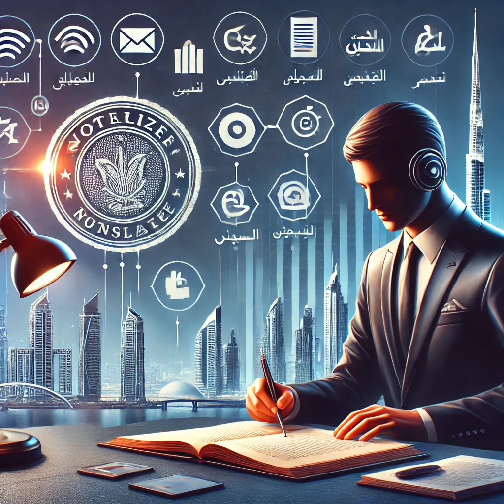 Professional illustration representing notarized document translation services in Dubai, featuring a translator working with official documents, a notary public stamping a document for authentication, multilingual icons, and Dubai’s skyline in the background, symbolizing local expertise and global reach with data security.