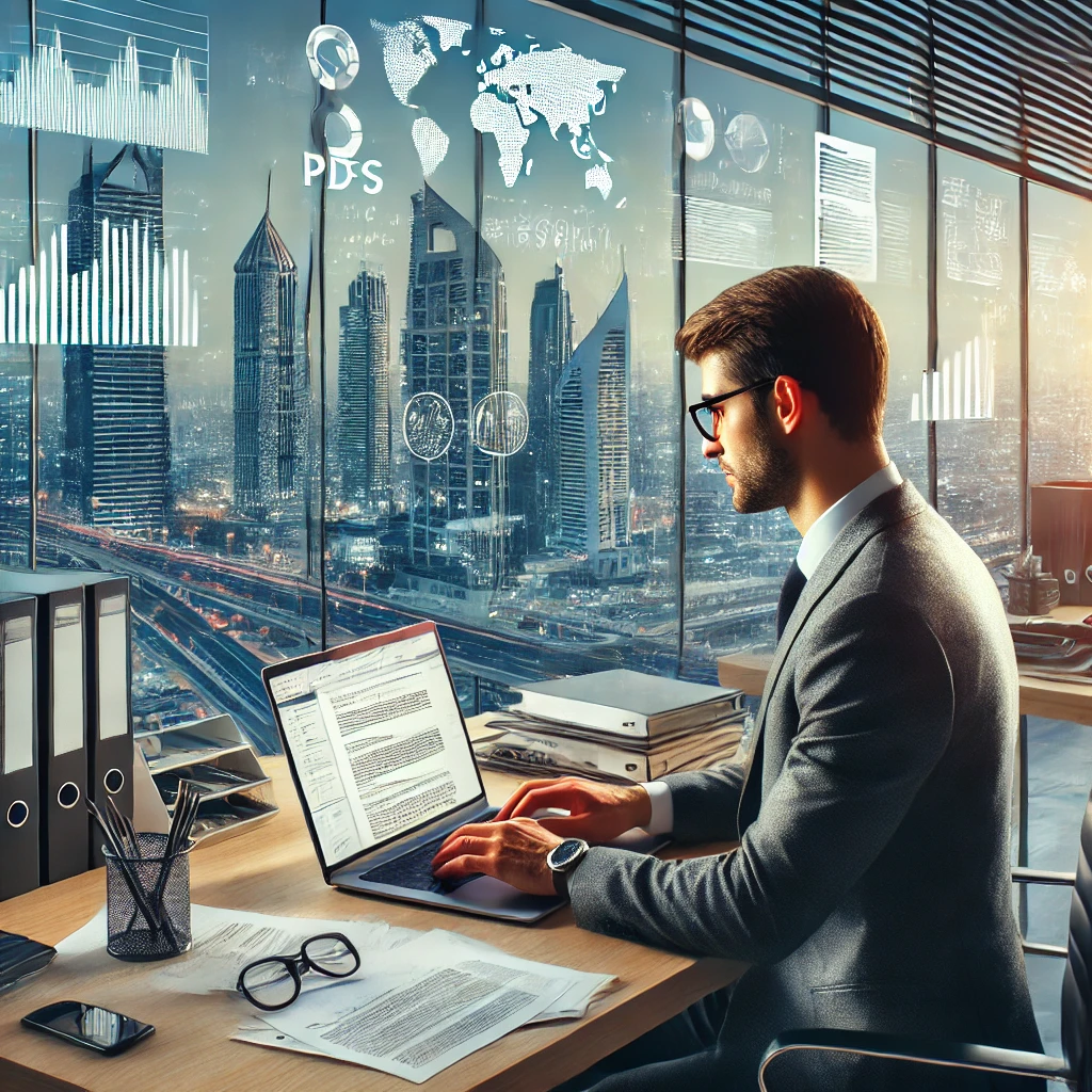 A modern office setting in Dubai showcasing professional typing services. A skilled typist works on a laptop surrounded by documents, PDFs, and spreadsheets. The well-organized desk reflects efficiency and precision, with a large window offering a view of Dubai’s skyline, emphasizing professionalism in legal, business, and academic document handling