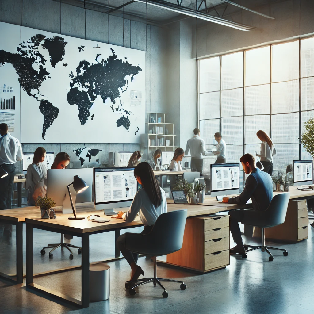 A modern office environment with a professional team working on translation and interpretation services, symbolizing multilingual communication, cultural diversity, and the official languages of the United Nations.