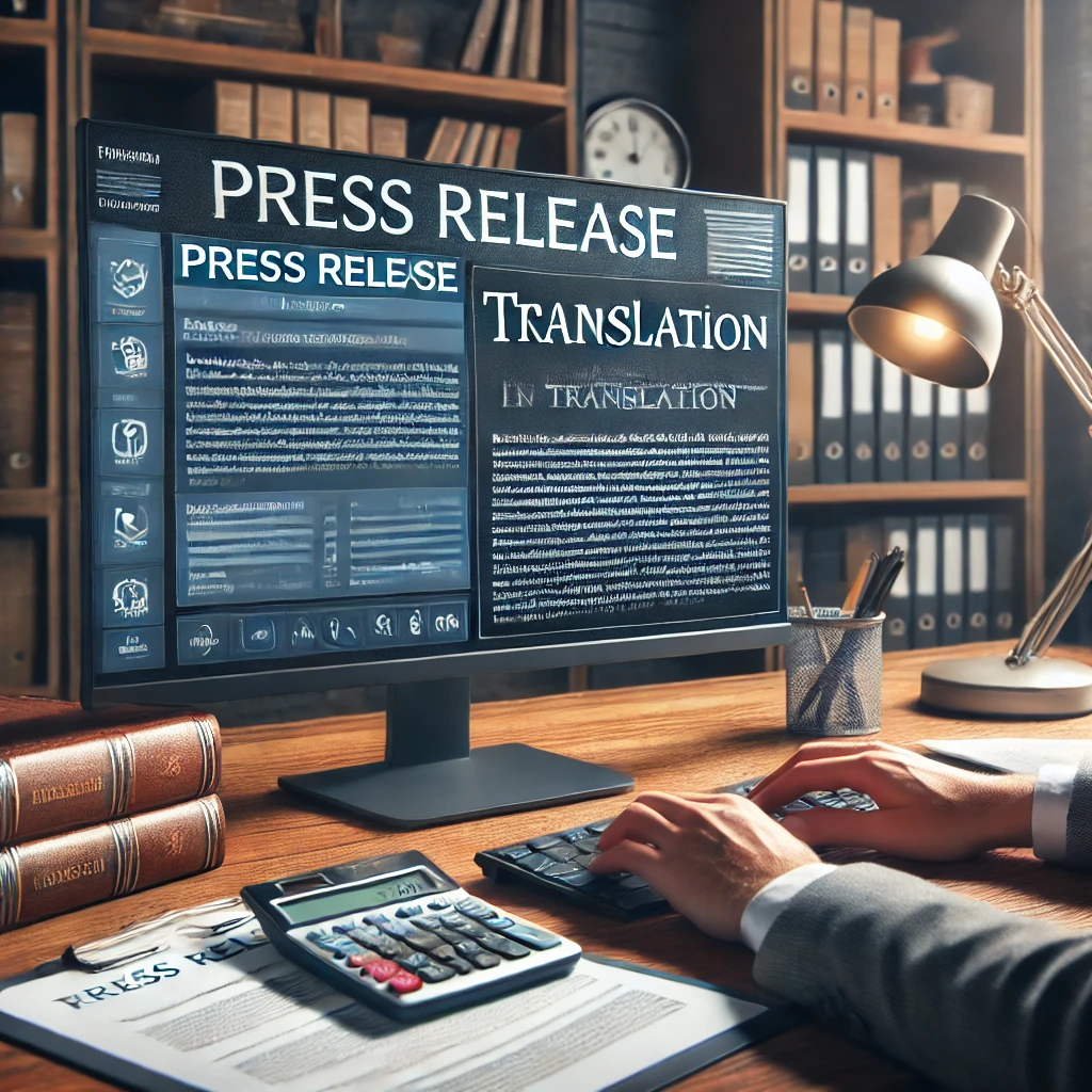 A professional office setting with a translator working on translating a press release document. The computer screen shows translation software with text in two languages. The workspace features documents, a notepad, and language dictionaries, with bookshelves and certificates in the background, conveying a trustworthy and productive environment.