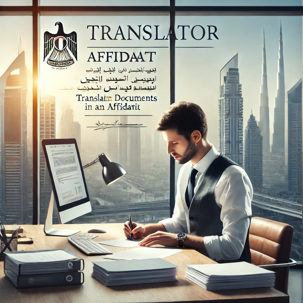 A professional translator working on legal documents in a modern Dubai office, emphasizing trust, accuracy, and confidentiality, with a view of the Dubai cityscape.