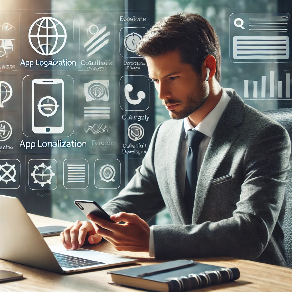 A professional translator working on app localization at a modern office desk, using a laptop and smartphone. App icons and interface designs are visible in the background, symbolizing multilingual app development for global audiences.