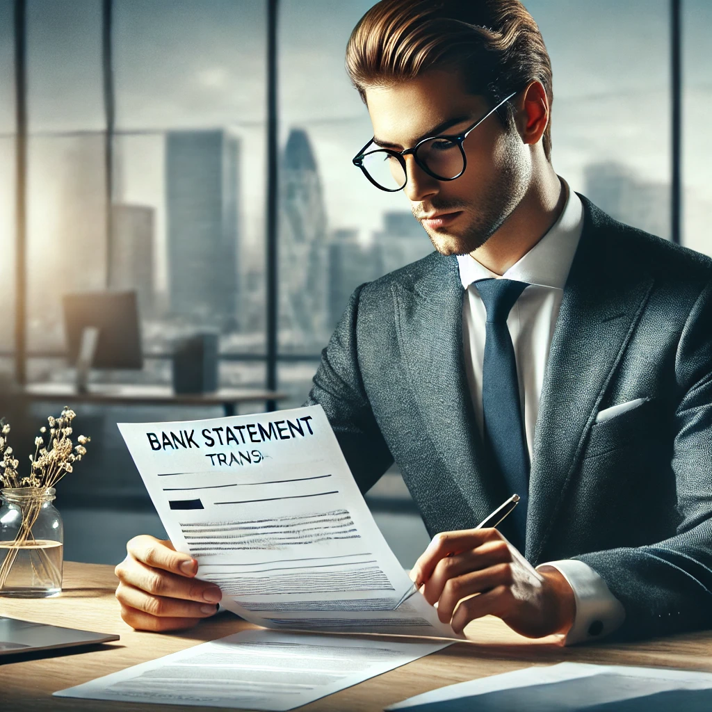 A professional translator reviewing a bank statement document for translation services in Dubai.