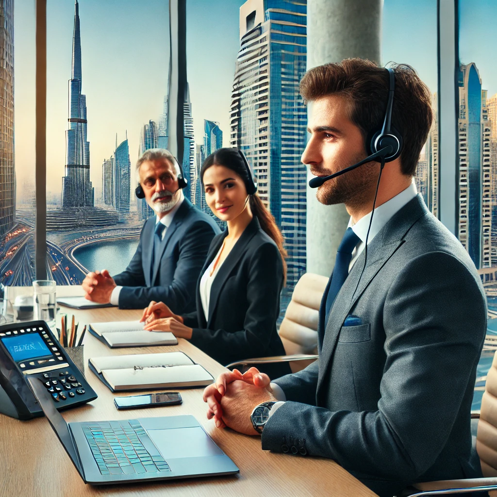 Professional interpreter facilitating communication in a modern Dubai office, ensuring smooth translation between diverse clients using advanced technology, with a cityscape view in the background.