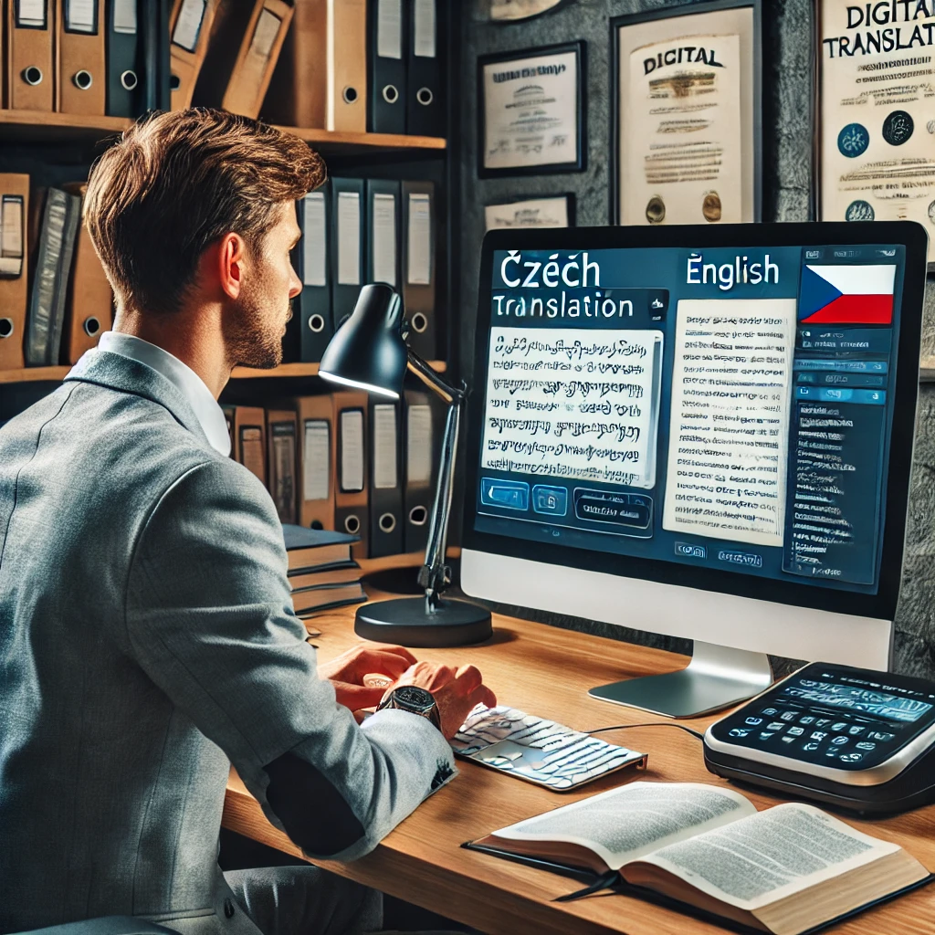 A professional translation office with a translator working on a Czech document using a computer displaying translation software. The workspace includes reference books, documents, certificates on the wall, and shelves, creating an organized and focused environment.