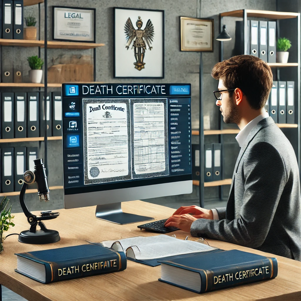 A professional office scene showing a translator working on translating a death certificate document using a computer with translation software, surrounded by reference books on legal and linguistic translation. The background features shelves and certificates on the wall, highlighting credibility and expertise.