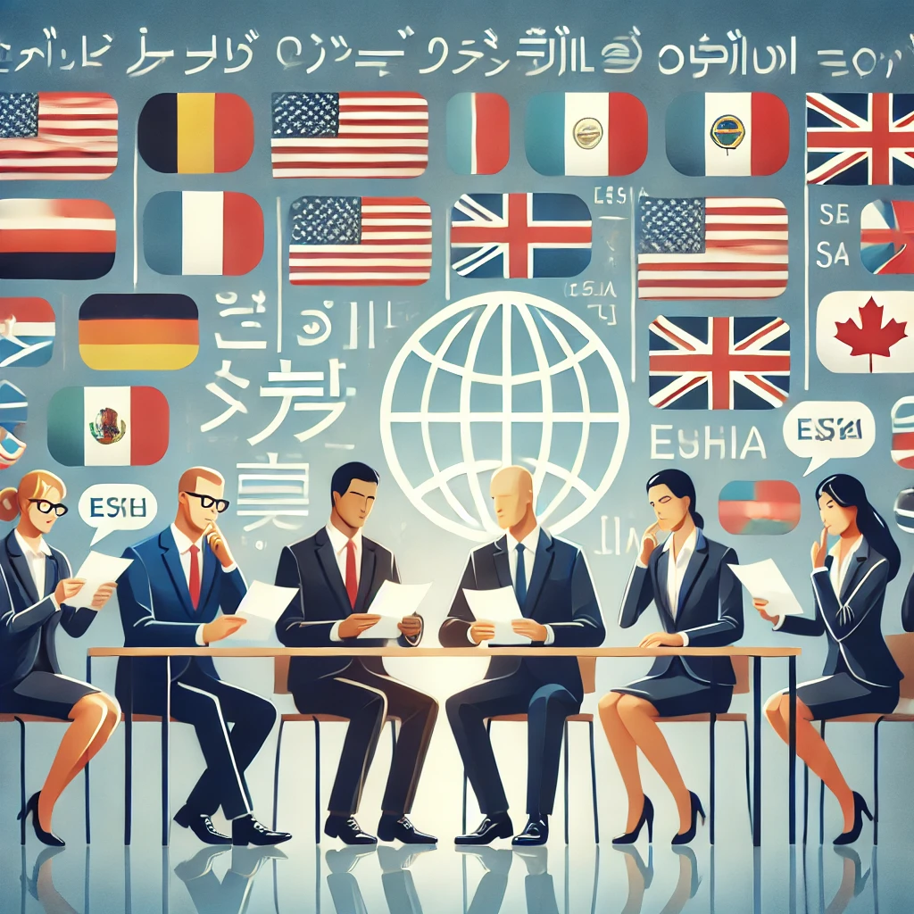A professional office setting with diverse government officials collaborating using language translation services in Dubai