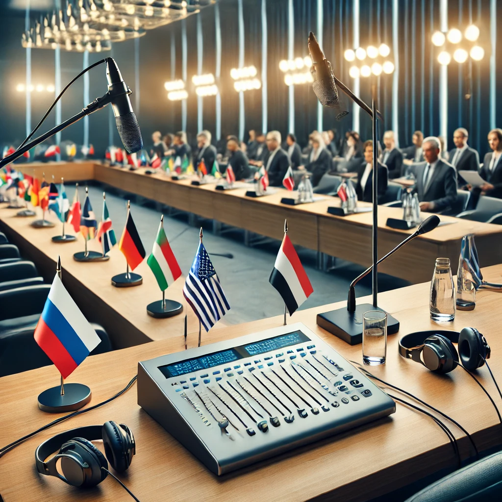 Professional conference room setup featuring modern interpretation equipment for rental services in Dubai.