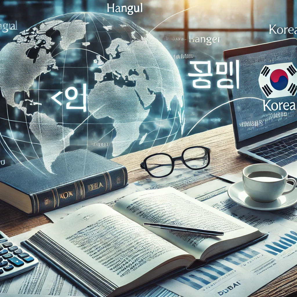 Professional translation setting in Dubai featuring a translator working on Korean documents. The desk displays Korean (Hangul) and English documents, along with a laptop running translation software and a dictionary. A world map in the background with arrows connecting Korea to global destinations symbolizes cross-cultural communication and business expansion. The scene reflects precision, professionalism, and global connectivity.