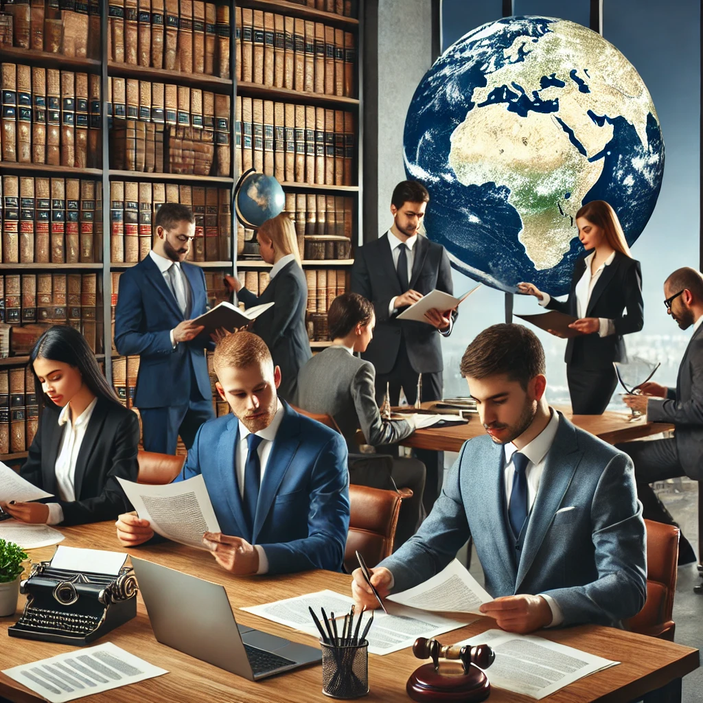 A modern office setting with a professional team of legal document translators working on reviewing legal documents, with law-related bookshelves and a globe symbolizing global communication in the background.