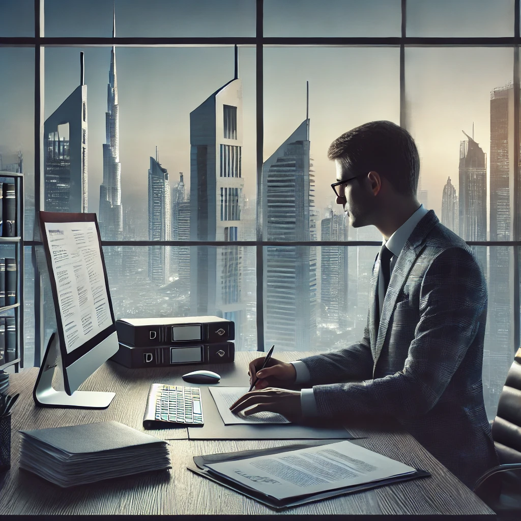 A professional translator working in a modern Dubai office, translating legal documents with precision and care. The office has large windows showcasing the Dubai skyline, emphasizing the importance of accuracy, confidentiality, and cultural sensitivity in the legal translation process. The scene reflects professionalism and trust in the translation service.