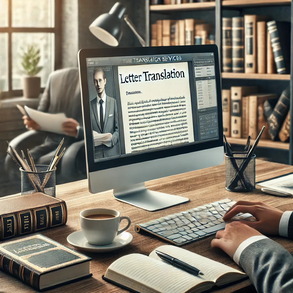 A professional office scene showcasing a translator working on letter translation services, with a computer displaying a document, dictionaries, and notepads. The background includes shelves filled with language and legal books, emphasizing expertise and professionalism in translation services.
