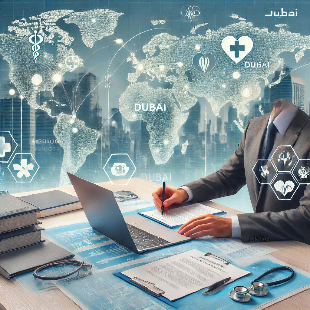 Professional translation setting in Dubai featuring a translator working on medical documents, including records, lab reports, and clinical notes. The desk showcases a laptop with translation software. In the background, a world map with healthcare icons and arrows connecting regions symbolizes global healthcare collaboration and communication. The scene emphasizes precision, professionalism, and confidentiality in handling sensitive medical information.