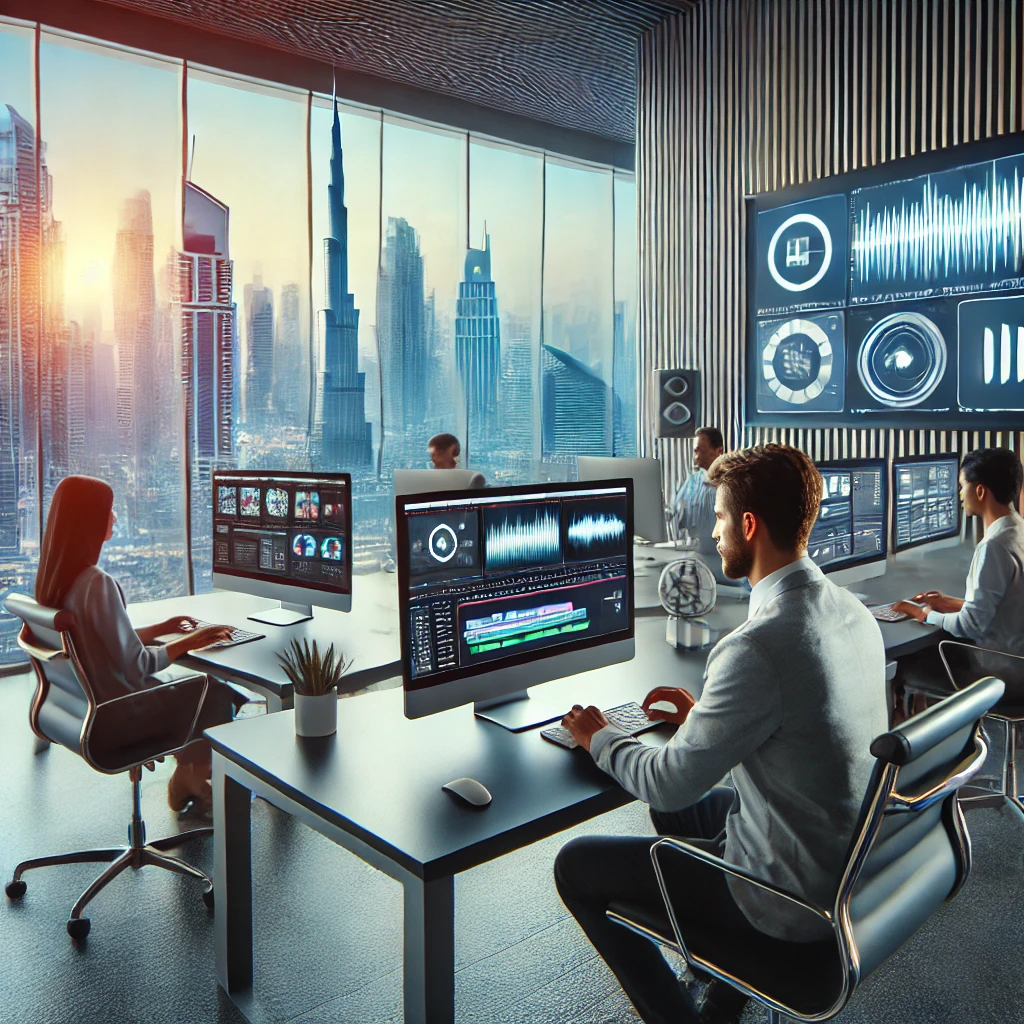 Professional translators in a modern office setting, working on multimedia content with video and audio editing software, overlooking Dubai's city skyline.
