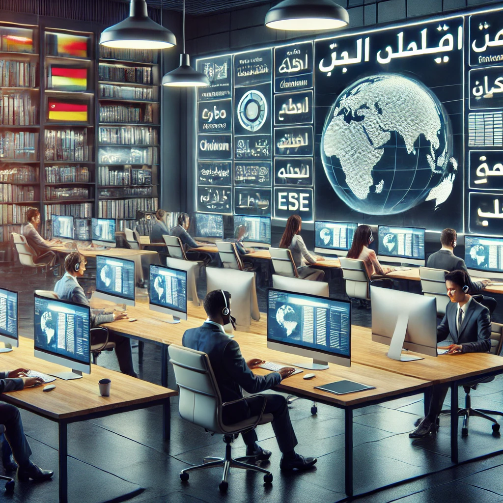 A professional office environment with a diverse team of translators working on different language projects