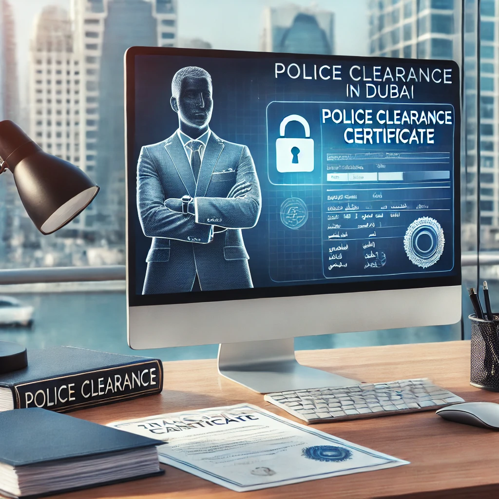 Professional office environment in Dubai showcasing a translator at work on a police clearance certificate, emphasizing accuracy and confidentiality.