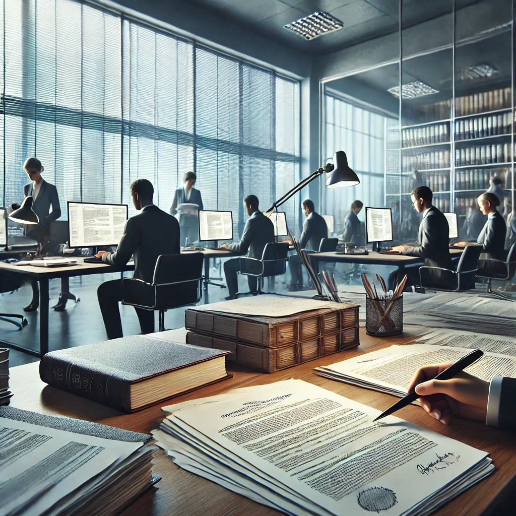 A professional office setting with a team of expert translators working on government document translations, using both digital tools and traditional resources, conveying trust, accuracy, and confidentiality.