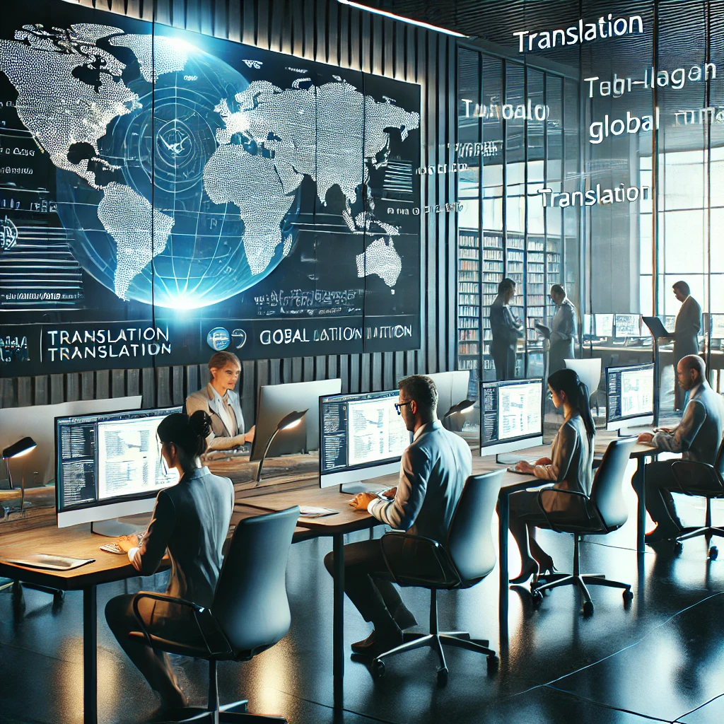A professional team working in a modern office setting on translation projects for global brands, with computers and multilingual documents visible, reflecting a global communication environment.