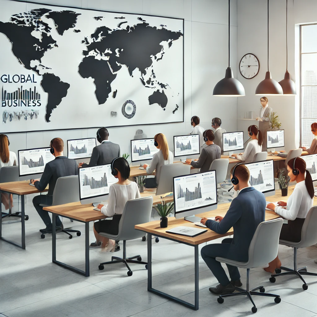 A modern office setting with professional transcription experts working on global business content