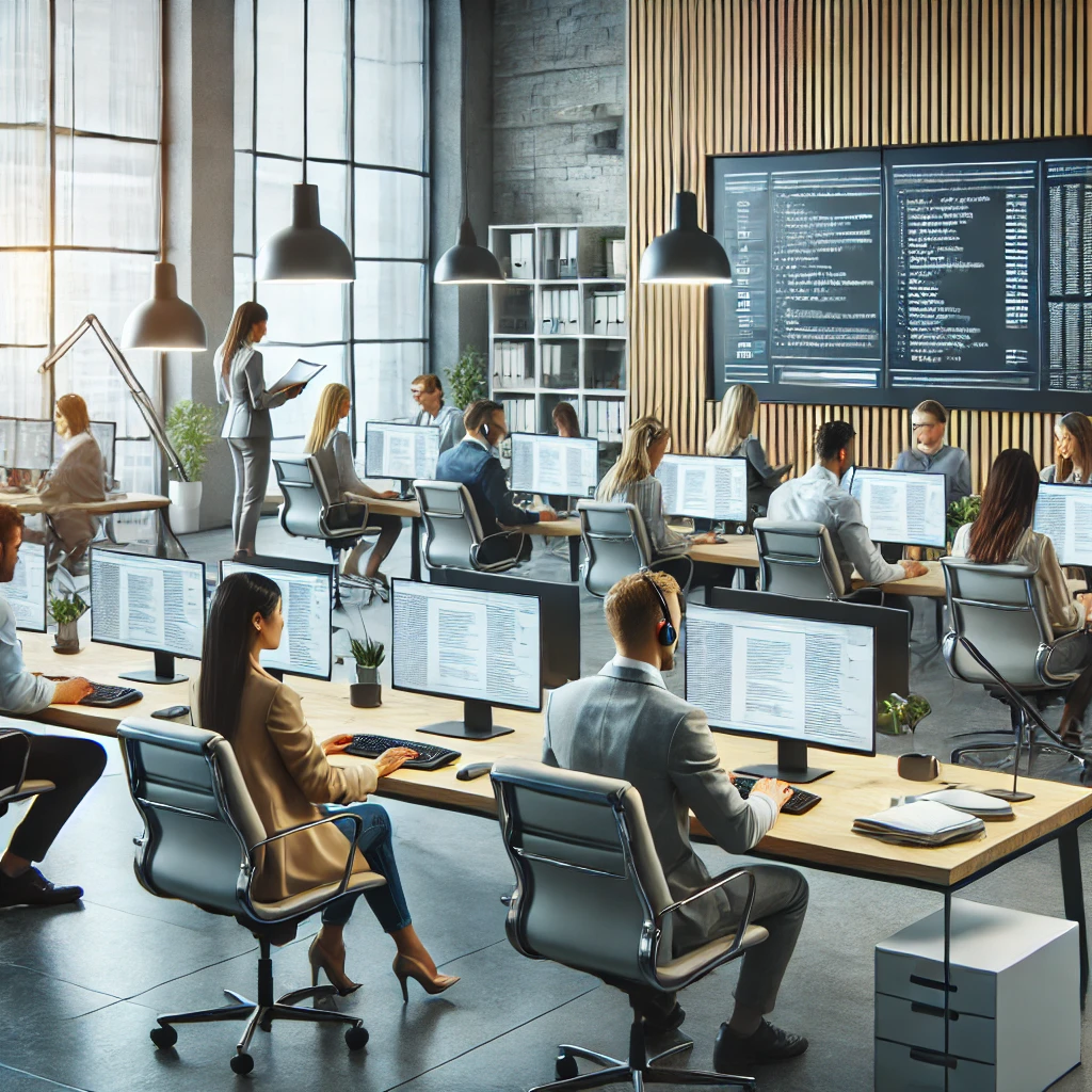 A diverse team of professional translators working in a modern office, discussing project details for translation services in Dubai.