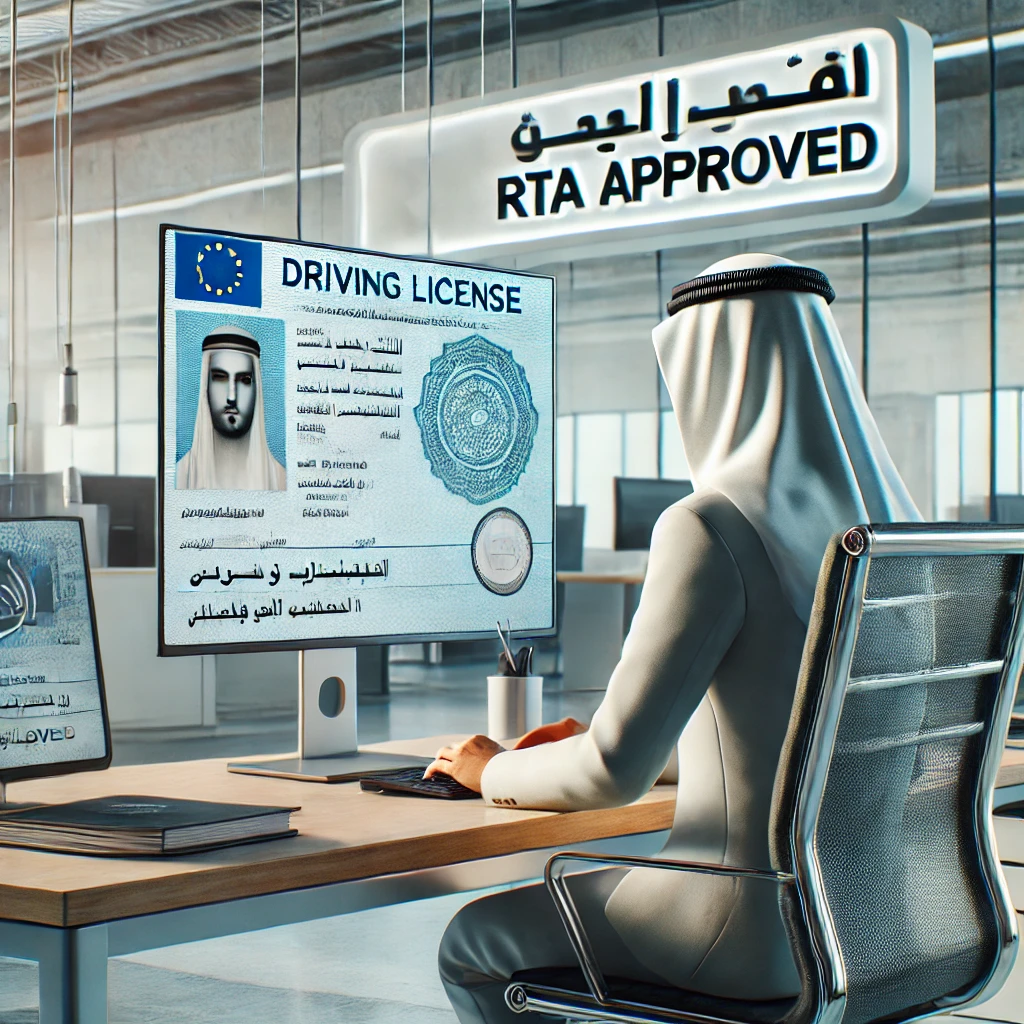 A professional translator working in a modern office setting, translating a driving license document into Arabic, with an 'RTA Approved' sign visible in the background, symbolizing accuracy and adherence to official standards.
