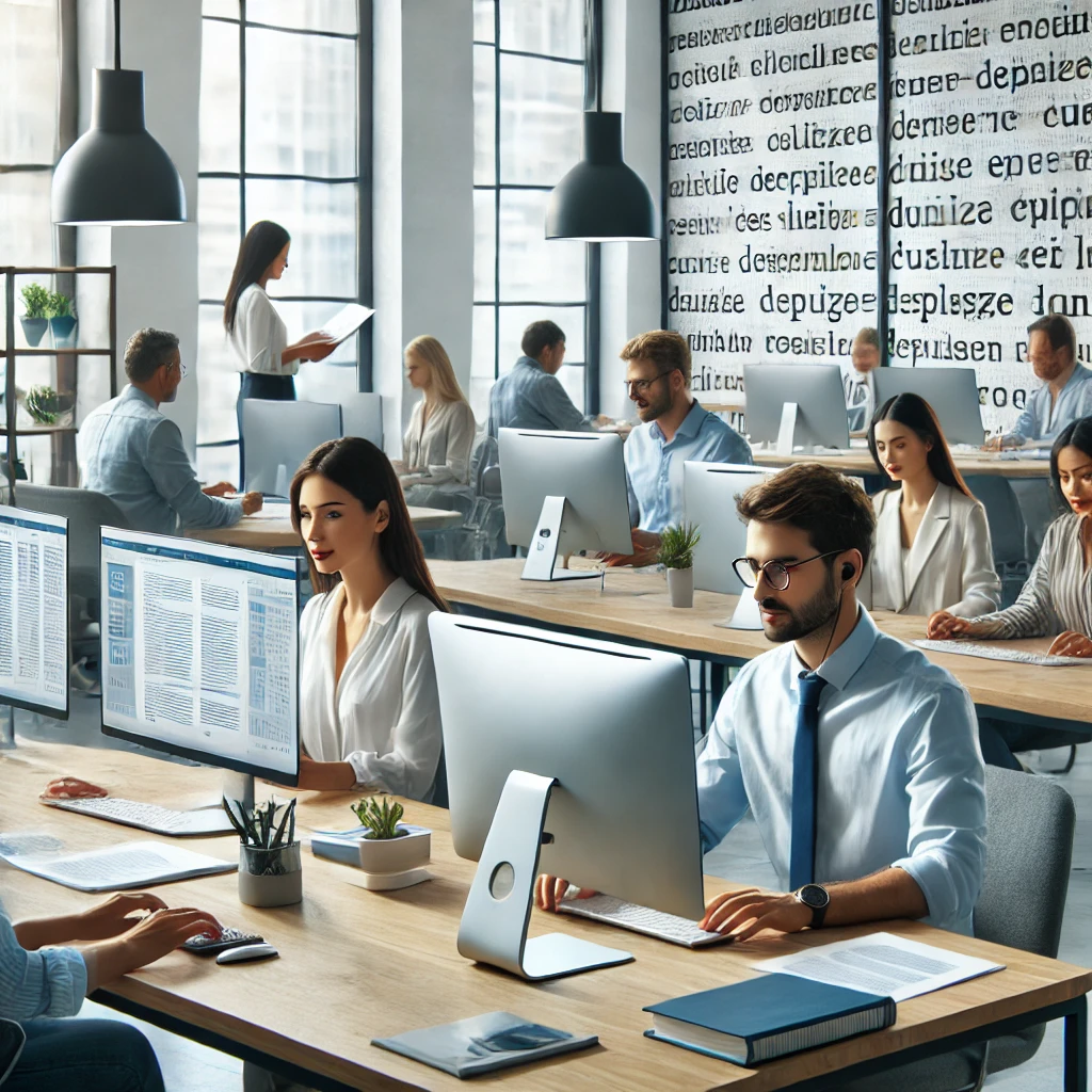 A modern office setting with professional translators working on computers, focusing on translation, editing, and proofreading in a collaborative environment.