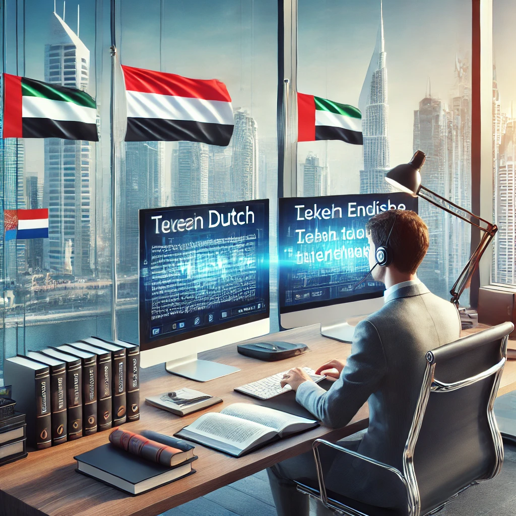 Professional translation office in Dubai focusing on Dutch translation services. A translator works at a modern desk with dual monitors showing Dutch and English texts. Neatly arranged reference books, notebooks, and flags of the Netherlands and UAE highlight cultural understanding. The background features a Dubai cityscape visible through large windows, symbolizing international business connections. The setting reflects professionalism, precision, and seamless multilingual communication.