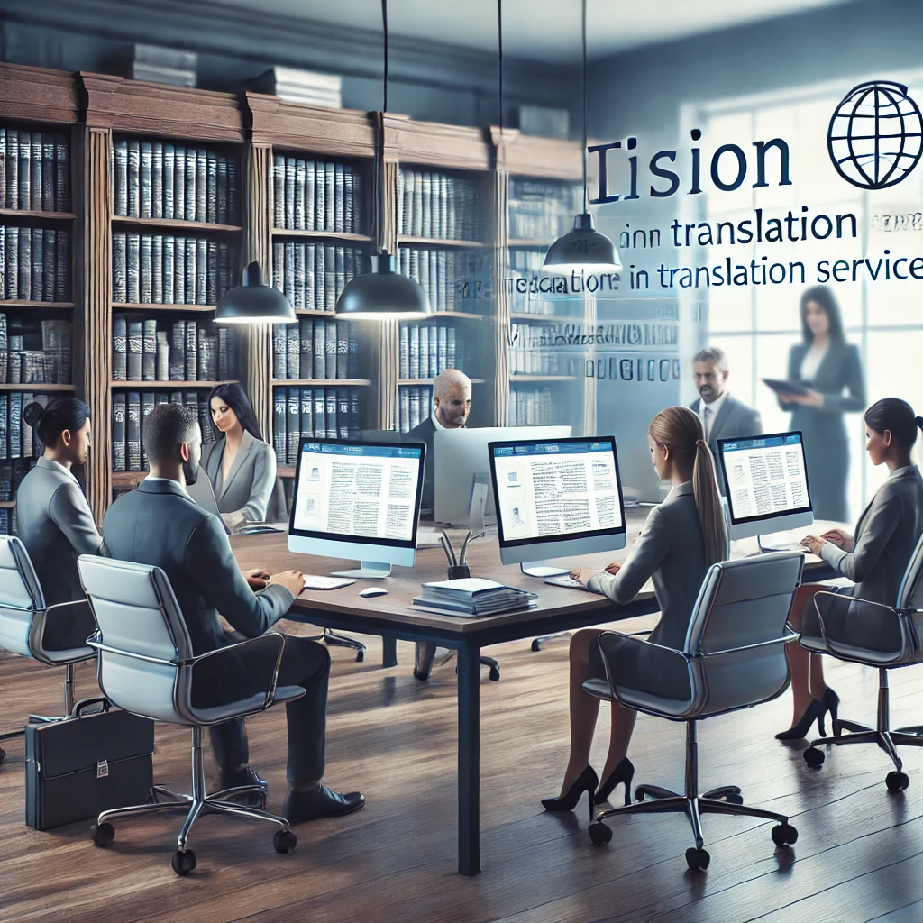 A professional office setting with a team of expert translators collaborating on translation projects. The scene emphasizes a modern workspace with computers, reference materials, and a focus on delivering accurate and reliable translation services.