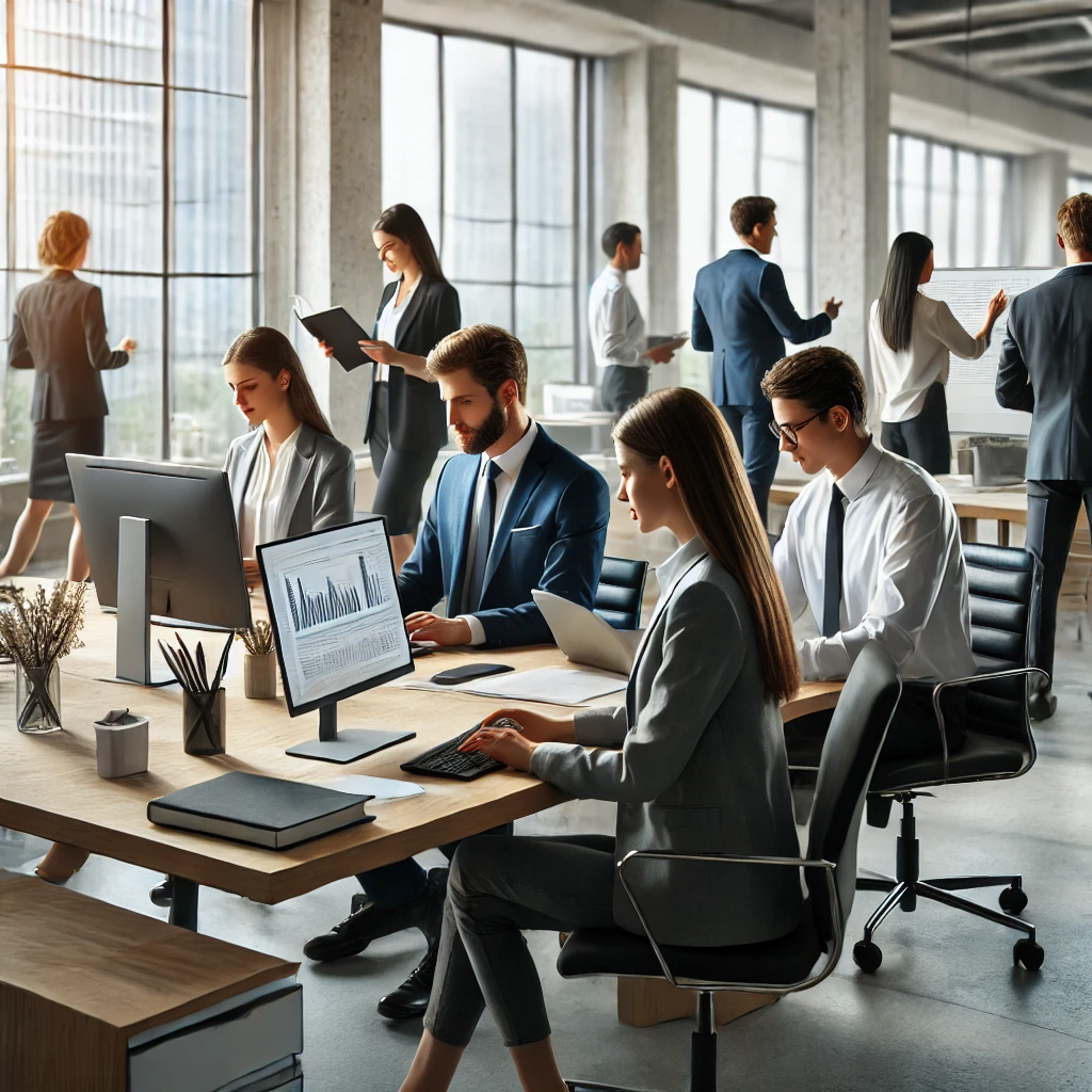 A modern office setting with a professional team of translators working on global business documents, highlighting the importance of accurate translation services for international business success.