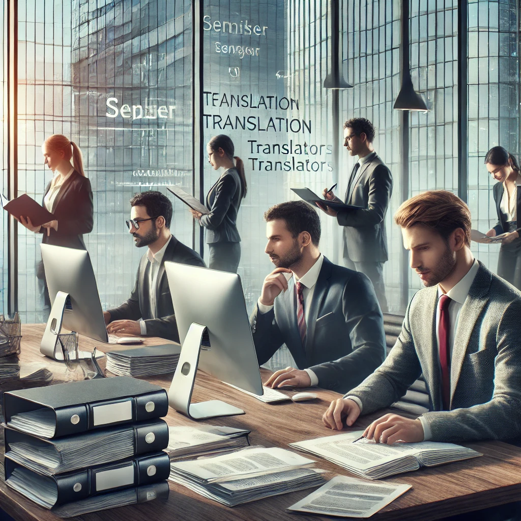 A team of professional translators working in a modern office environment, ensuring precise and legally compliant document translation services.