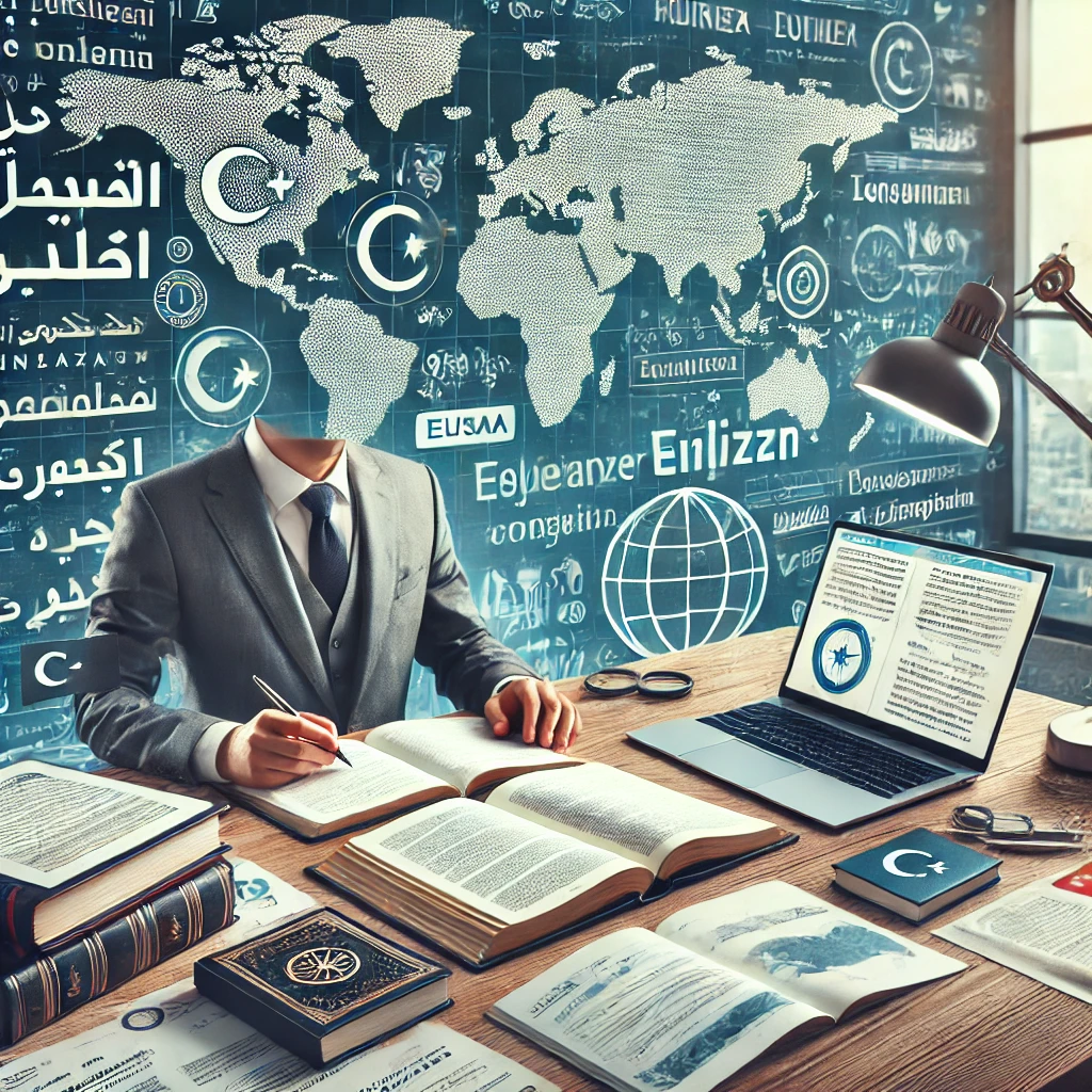 Professional translation setting in Dubai featuring a translator working on Turkish documents. The desk displays documents in both Turkish and English, along with translation tools such as a laptop with translation software and a Turkish dictionary. A world map and arrows connecting countries in the background represent global communication. The environment reflects precision, reliability, and cultural sensitivity, capturing the essence of Turkish translation services.