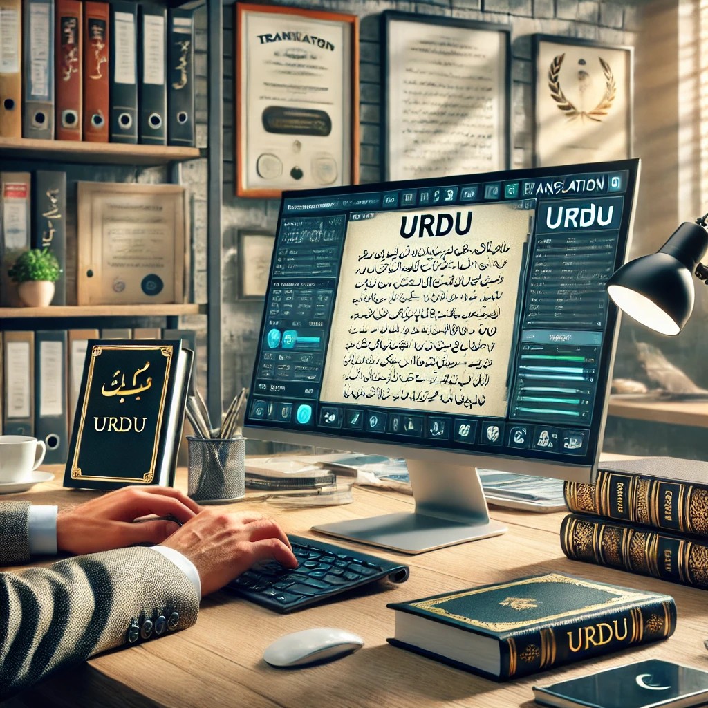 A professional office setting with a translator working on an Urdu document using translation software on a computer. The workspace is organized with books, documents, and language dictionaries. The background features certificates and shelves with reference materials, highlighting expertise and credibility.