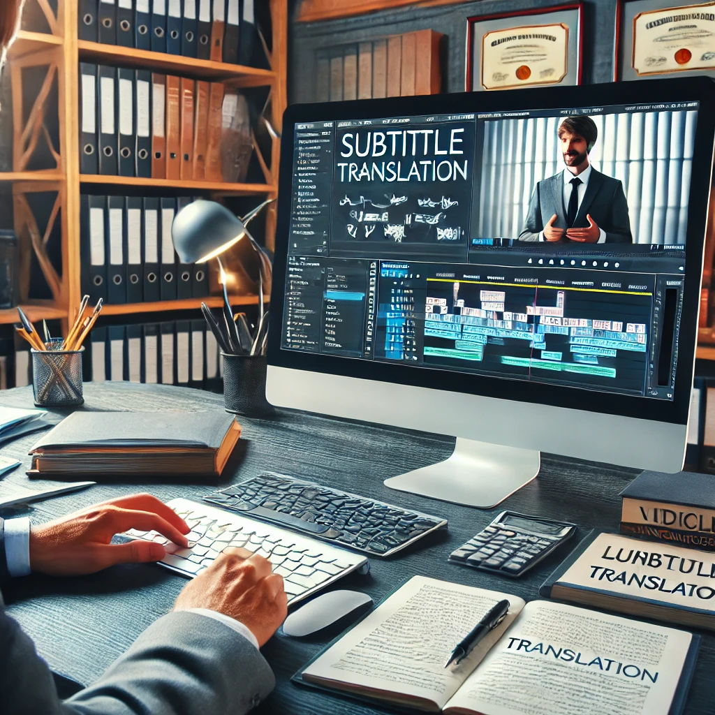 A professional office setting with a linguist working on subtitle translation for a video, shown on a computer screen with video editing software. The workspace is organized with documents, language dictionaries, and a notebook. The background features bookshelves and certificates, reflecting expertise in translation