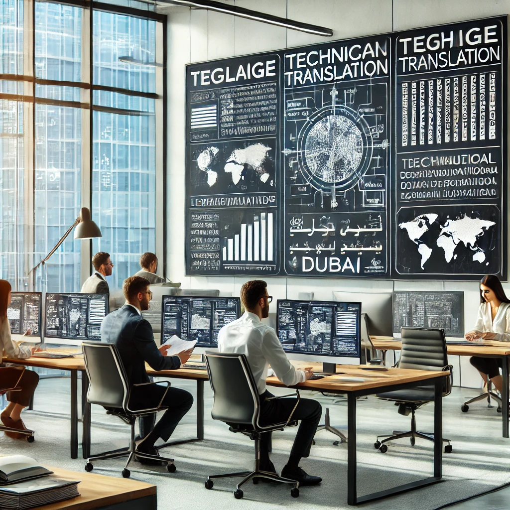 Professional translators working on technical document translation services in Dubai, ensuring accuracy and industry-specific expertise.