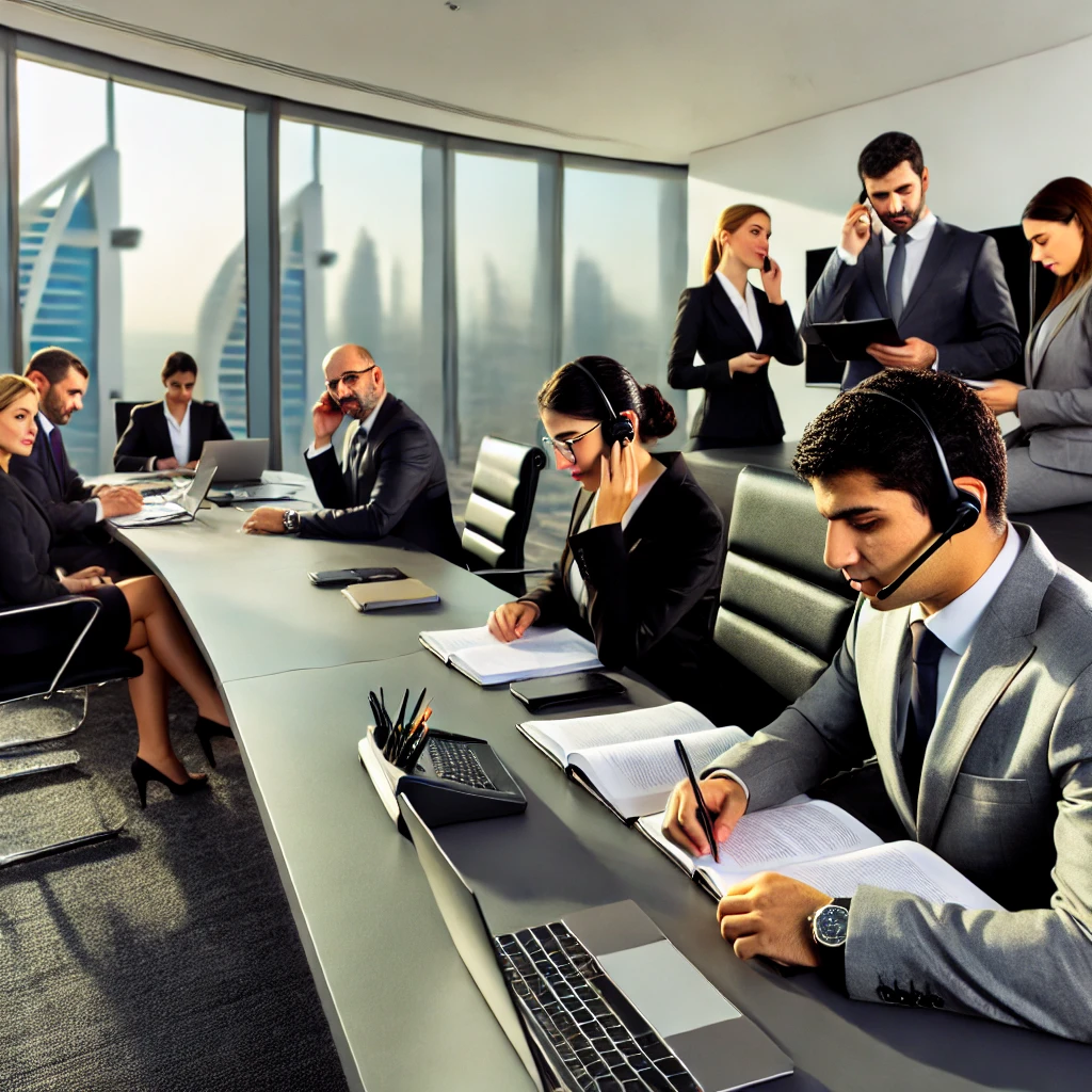 Professional office environment with a team of expert interpreters working on language translation projects. Modern setting reflects precision and high-quality interpretation services, ideal for international business needs in Dubai.