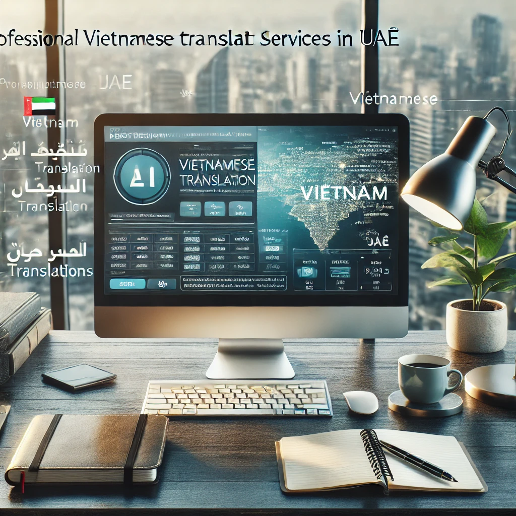 Professional Vietnamese translation services for UAE businesses displayed on a computer screen in a modern office setting. The image shows translation software with Vietnamese and English text side by side, symbolizing efficient document translation and international collaboration between the UAE and Vietnam.