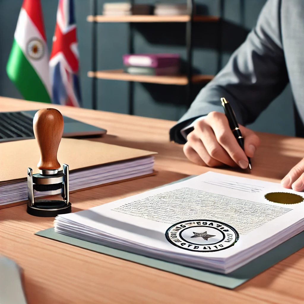 A professional office setting where a document is being reviewed and stamped for attestation, symbolizing the process of legal validation and authentication.