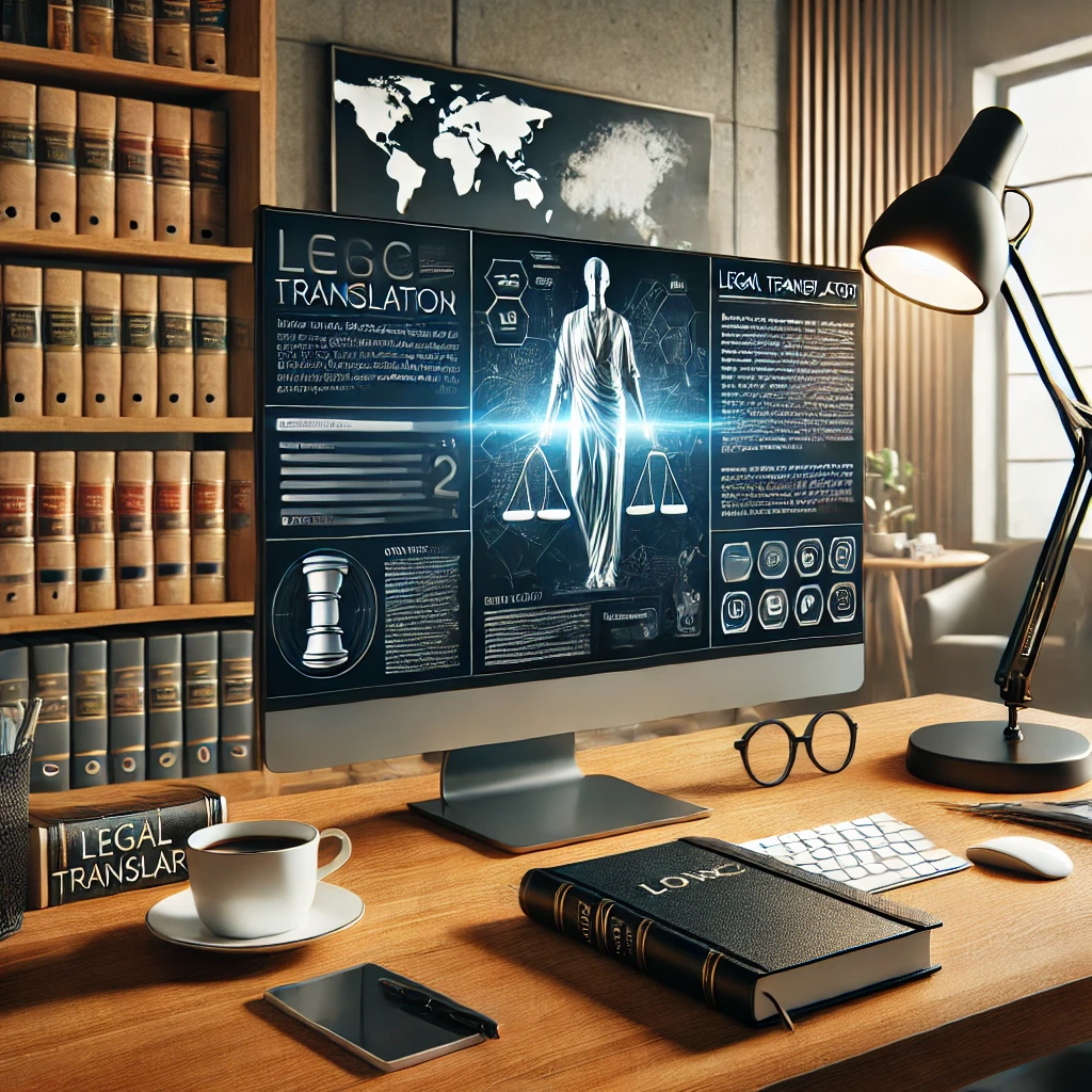 A modern office scene featuring a legal translator working at a desk with translation software, surrounded by legal documents and office equipment.